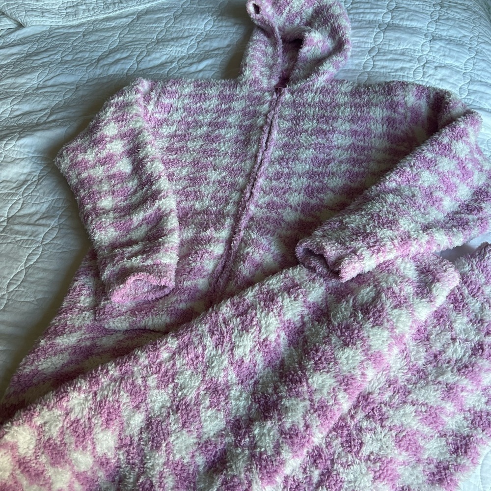 Skims Cozy Pink and White Houndstooth Hooded onesie